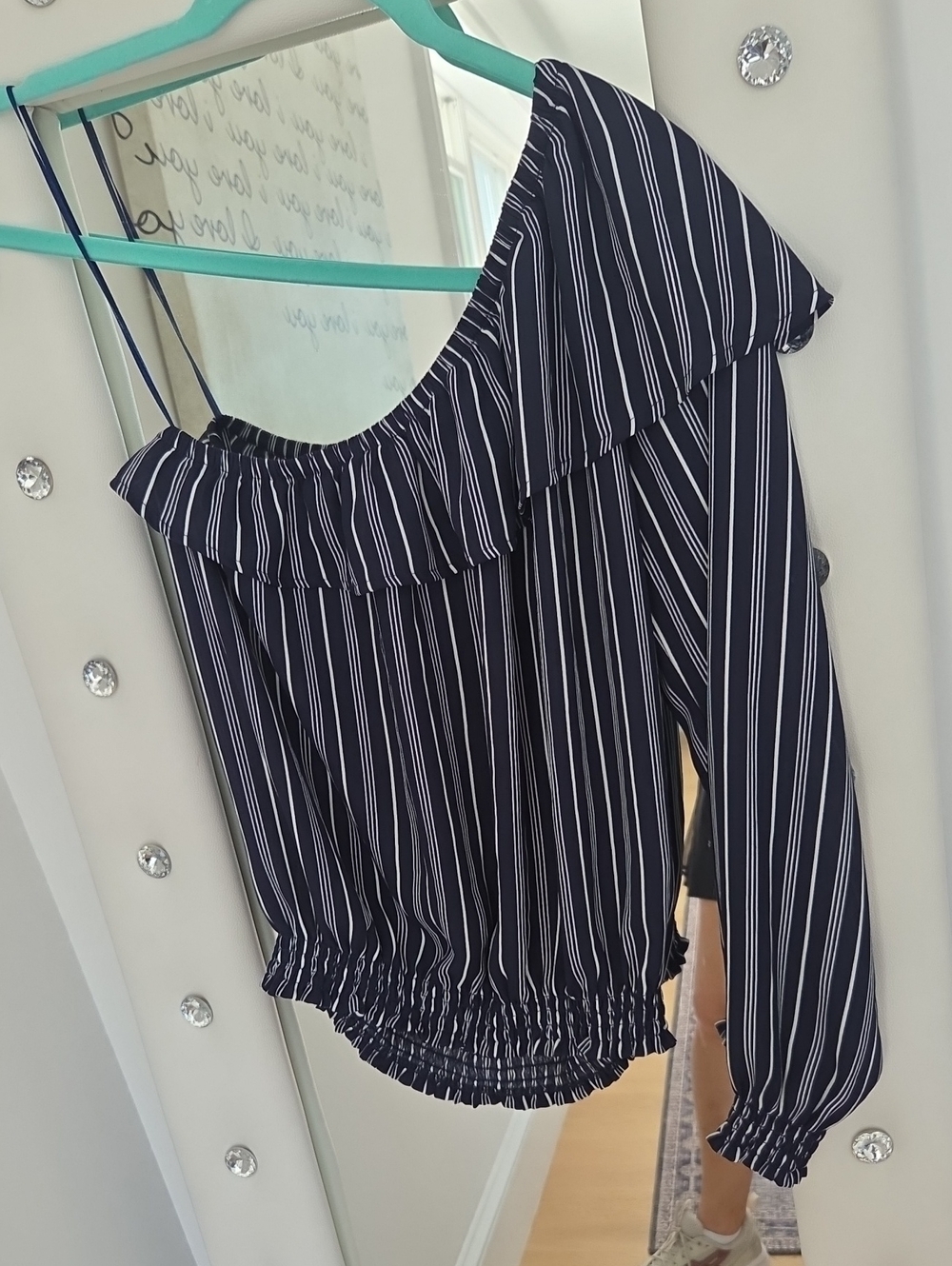 BB Dakota Navy and White Striped One-Shoulder Blouse